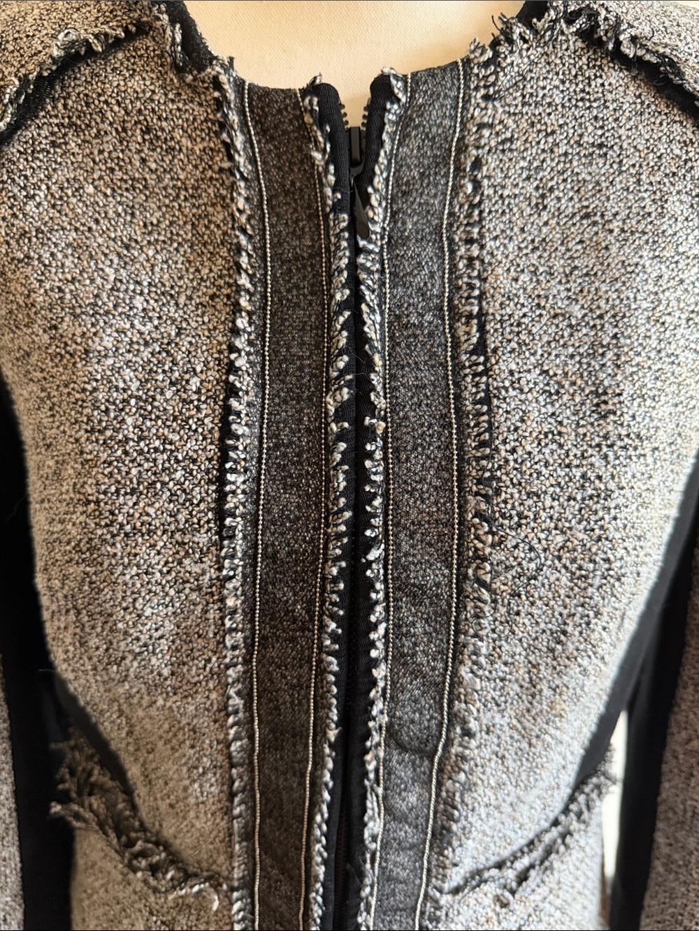 White House Black Market Black and Gray Tweed Fringe Zip Blazer - Picture 10 of 12